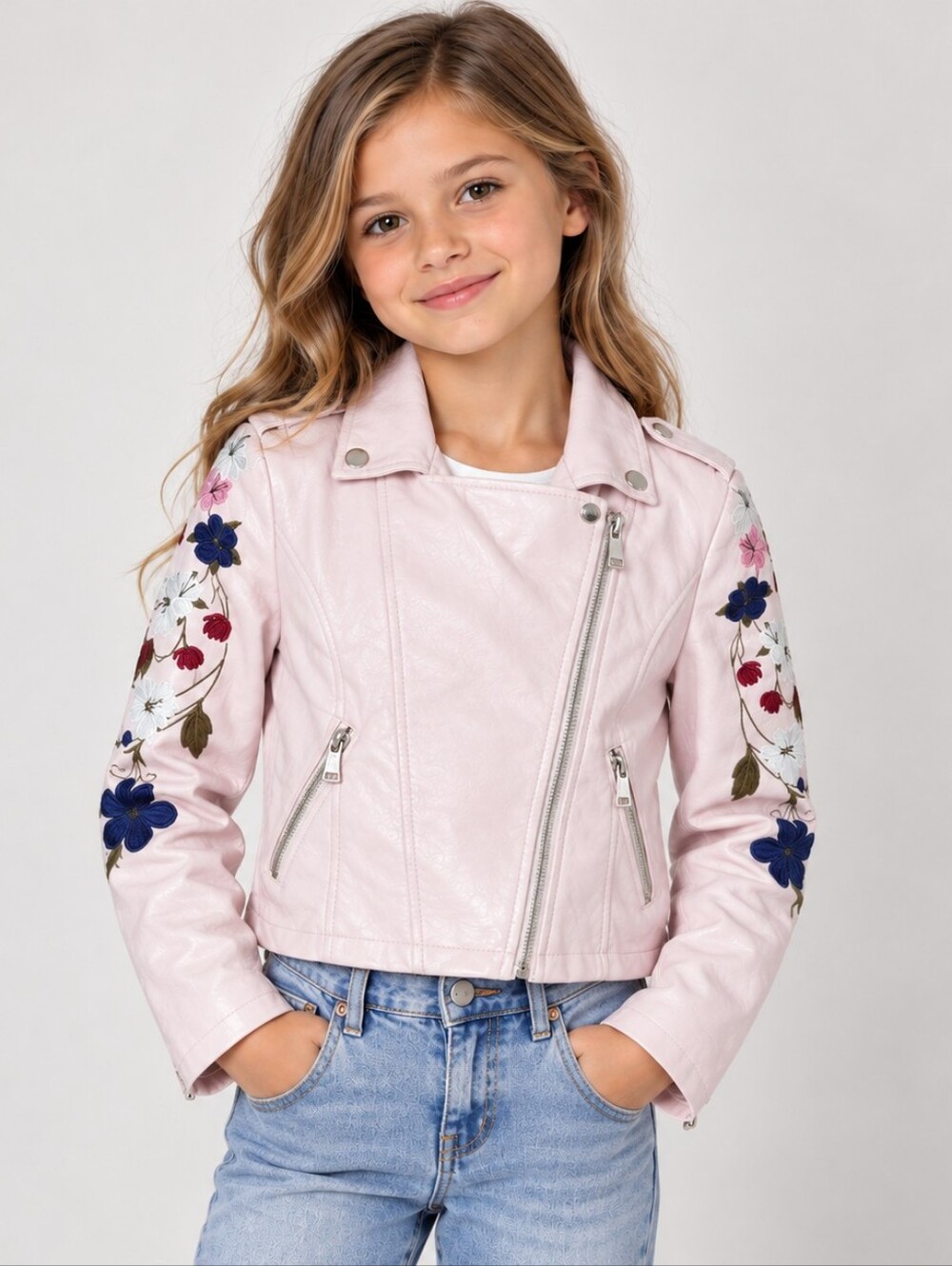 Pink Jacket faux leather girls flower Embroidered Moto zippered jacket Size 10